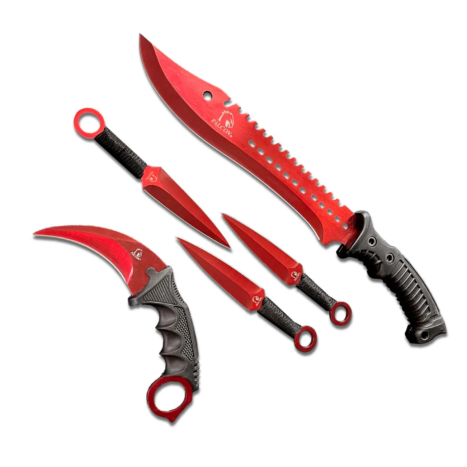 Falcon 5 Pieces Red Hunting Set (Machete, Karambit, Throwing Knives.)