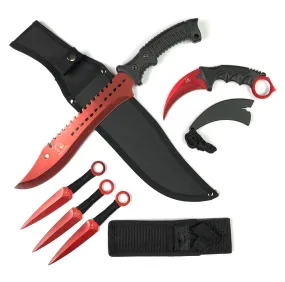 Falcon 5 Pieces Red Hunting Set (Machete, Karambit, Throwing Knives.)