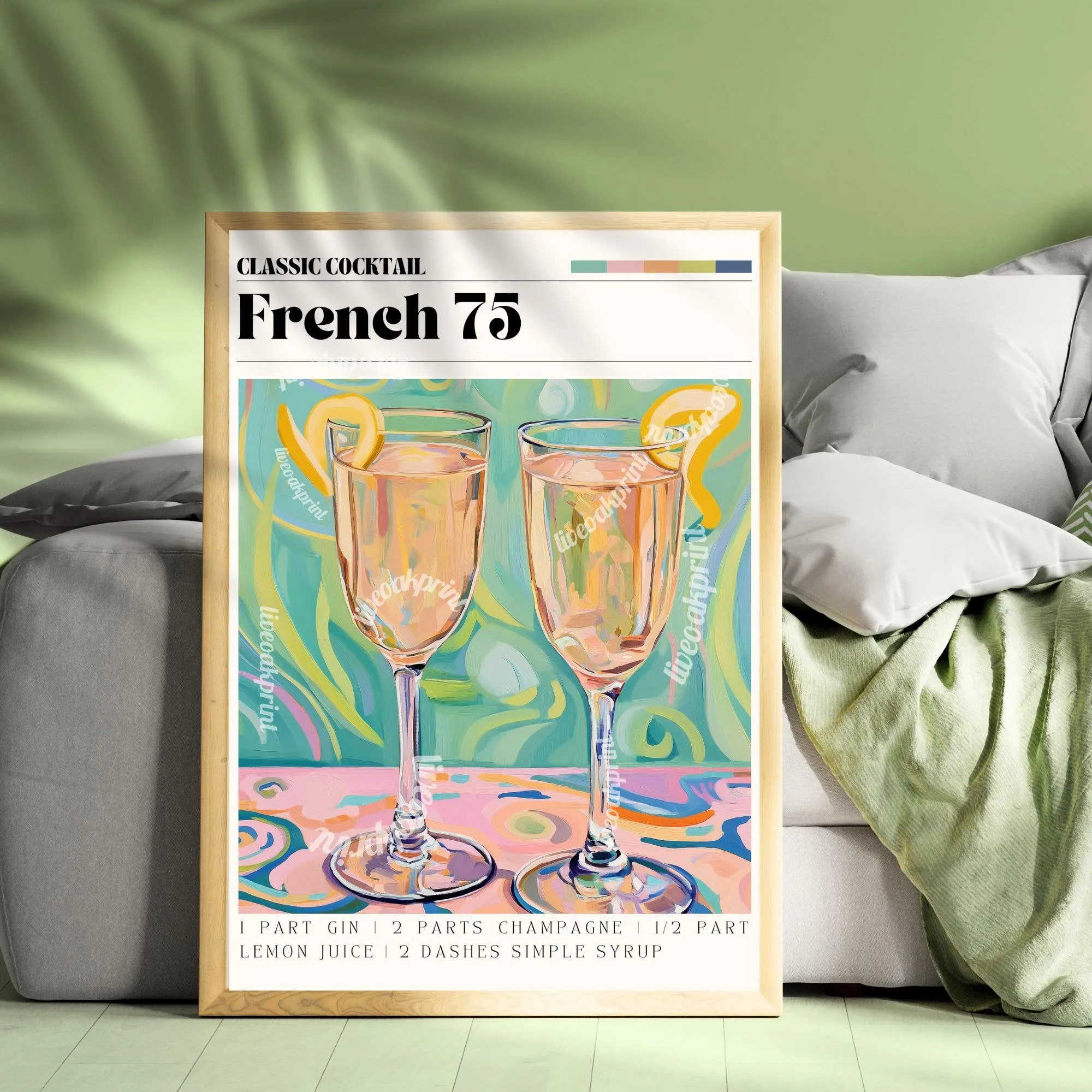 French 75 Print - French 75 Wall Art - Bar Cart Art - Classic Cocktail Prints - French 75 Wall Decor - Cocktail Print Set