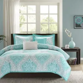 Full - Queen Teal Turquoise Aqua Blue and White Damask Comforter Set