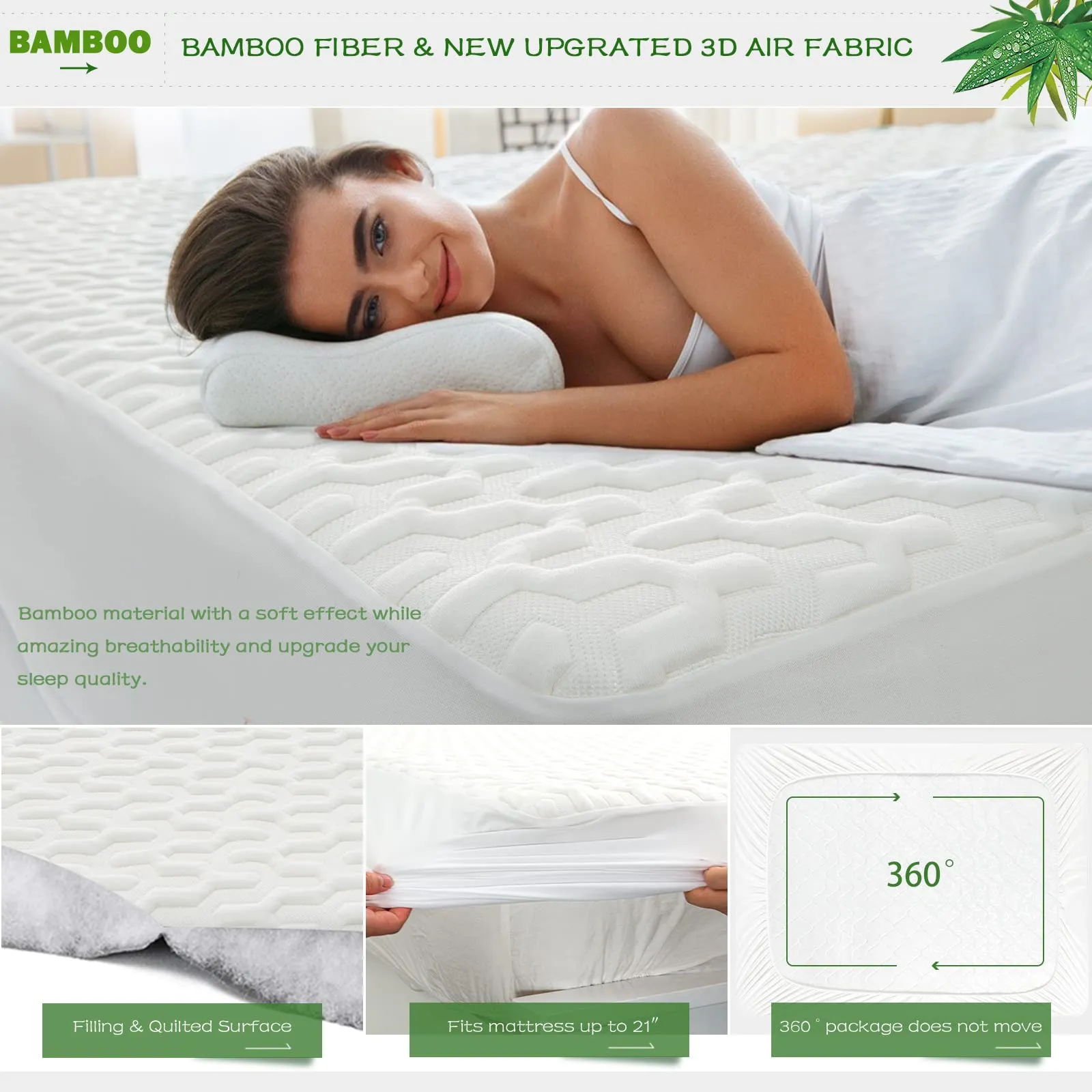 GRT Waterproof Bamboo Cooling Mattress Protector Twin XL Size - Mattress Pad Cover, 3D Air Fiber Mattress Pad Breathable Ultra Soft Noiseless 8''-21'' Deep Pocket Washable