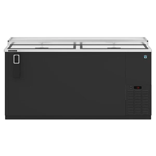 Hoshizaki HBC-65 65" Horizontal Refrigerator, Two Section Black Vinyl Bottle Cooler, Slide Top Doors