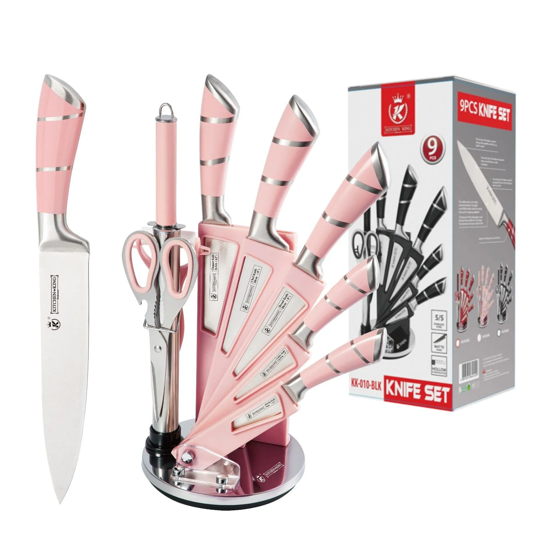 Kitchen Chef Knife Sharp 9 Piece Set, Premium Stainless Steel Knife Blade & Hollow Non-Slip Handle -360º Rotating Block Stand,Cooking Set (Pink/Black)