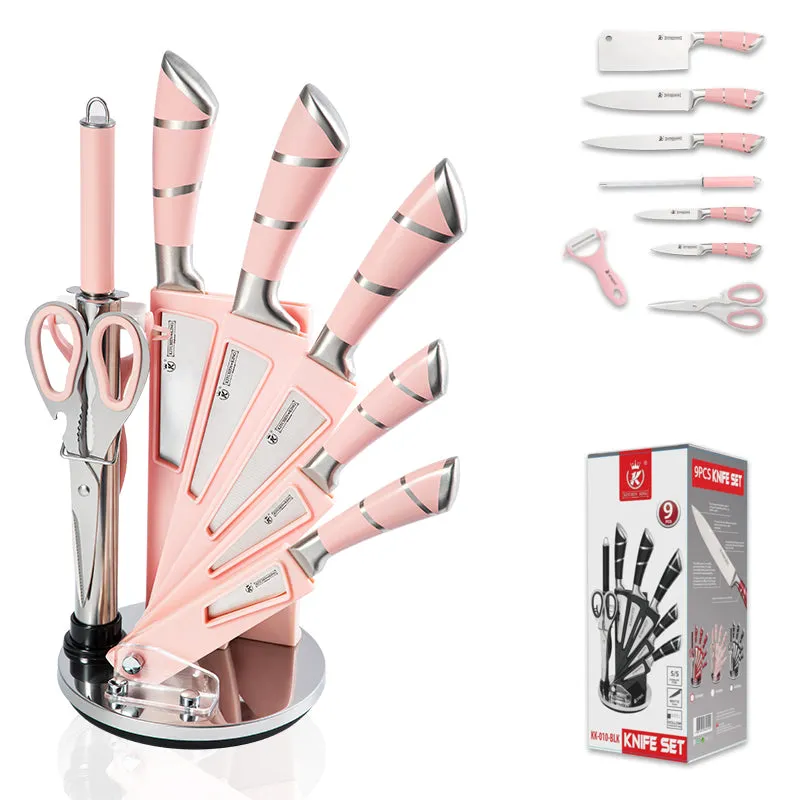 Kitchen Chef Knife Sharp 9 Piece Set, Premium Stainless Steel Knife Blade & Hollow Non-Slip Handle -360º Rotating Block Stand,Cooking Set (Pink/Black)