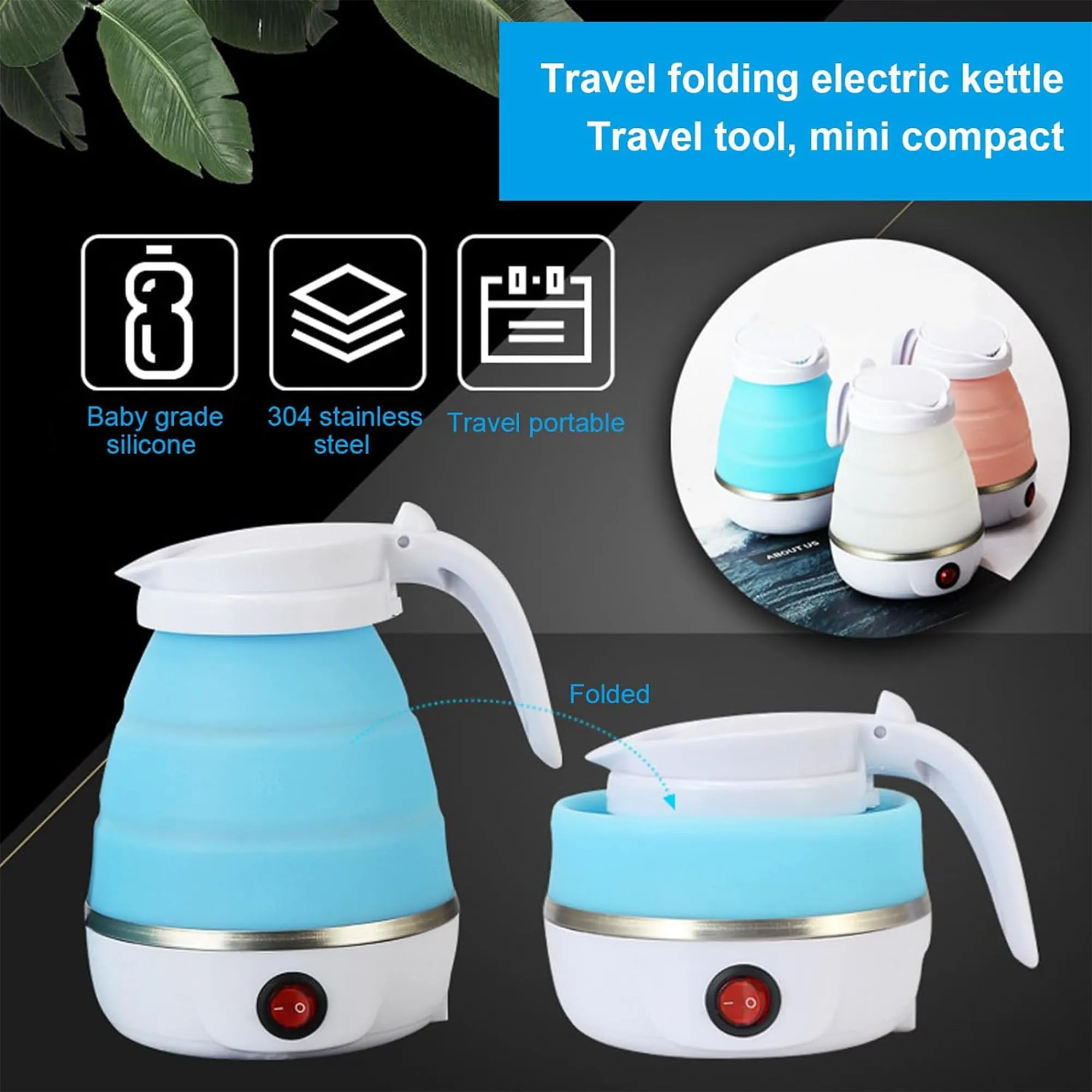 Kuber Industries Pack of 6 Foldable Electric Kettle 600 ML|Silicone Body With 304-Stainless Steel Base|Leak Proof Design|Multipurpose Portable Electric Kettle for Travel, Office & Home|600W|Blue