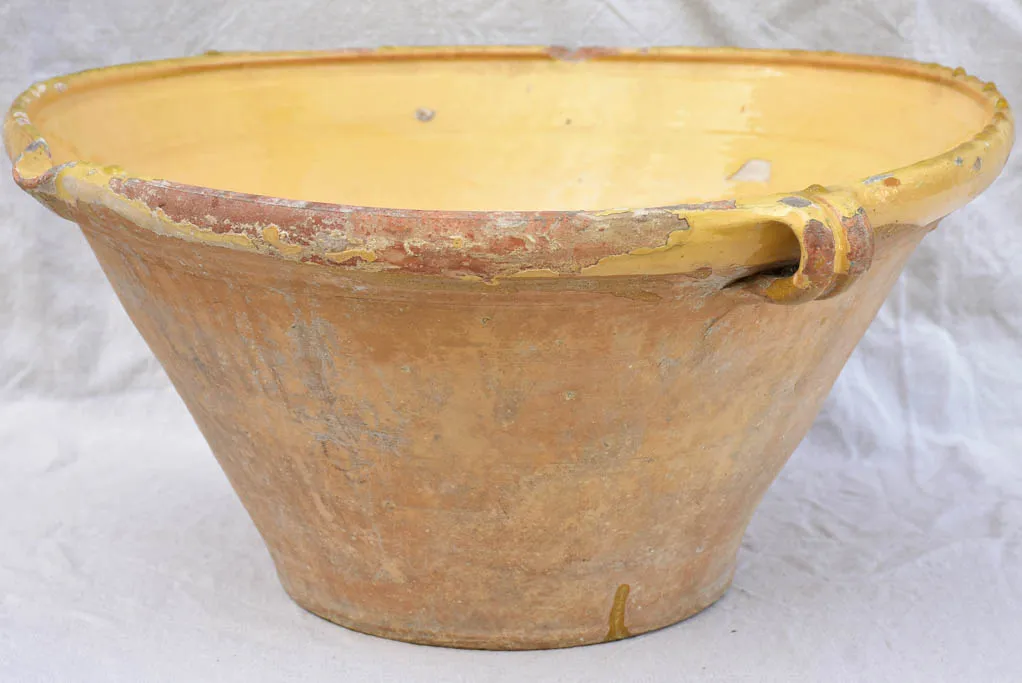 Large antique French tian cooking bowl with yellow glaze 21¾"