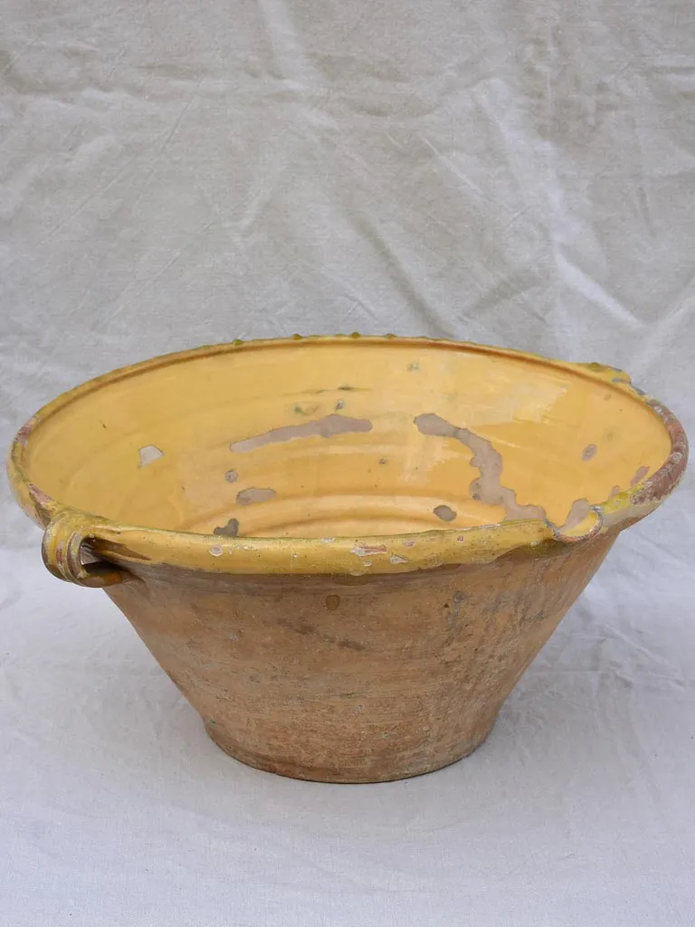 Large antique French tian cooking bowl with yellow glaze 21¾"