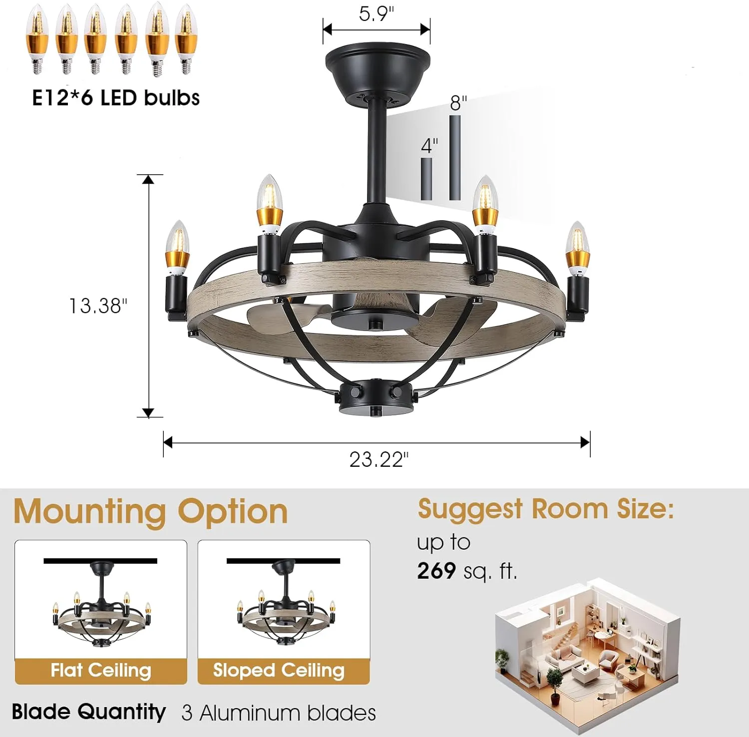 Modern Farmhouse Rustic Ceiling Fan Light Chandelier