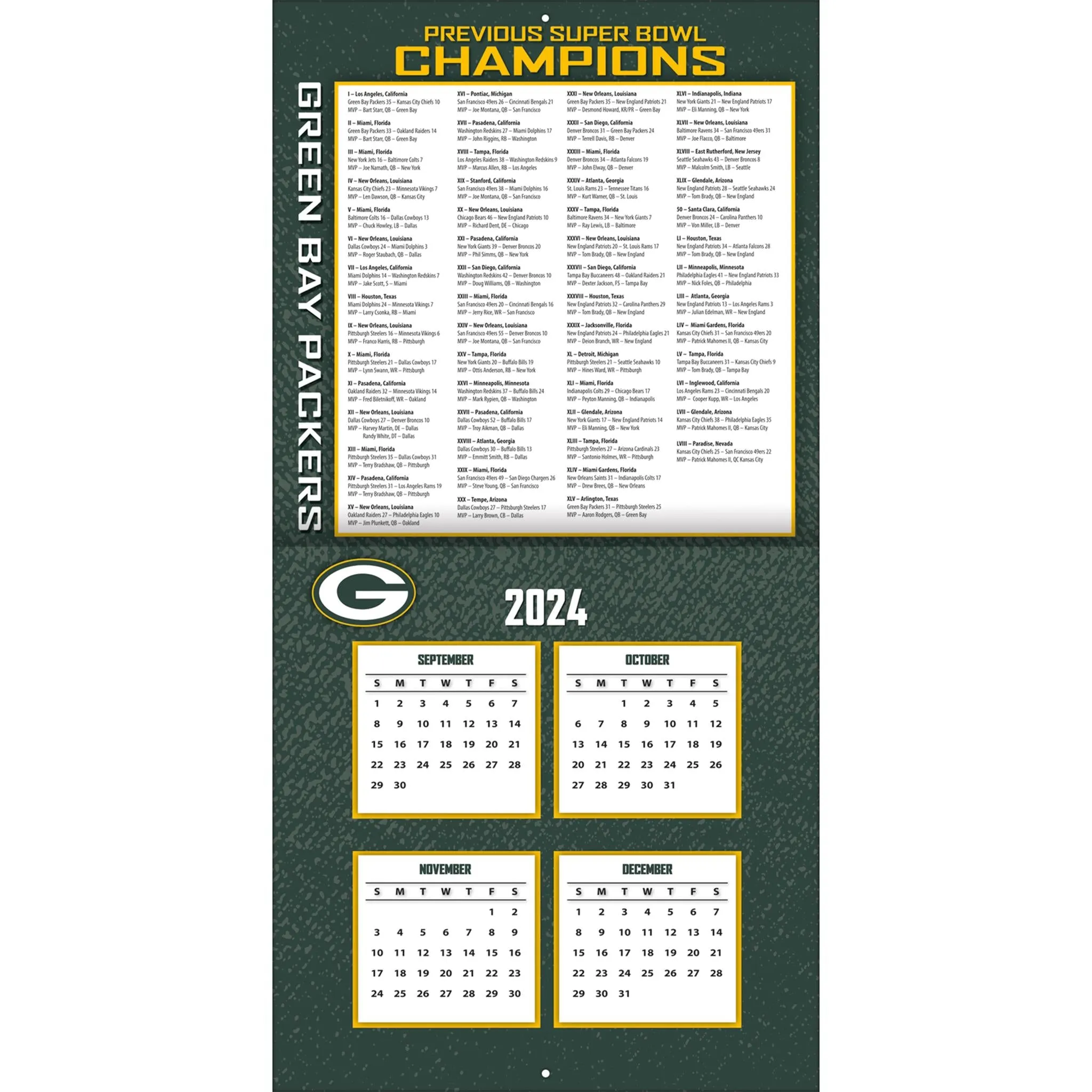 NFL Green Bay Packers Wall 2025 Calendar