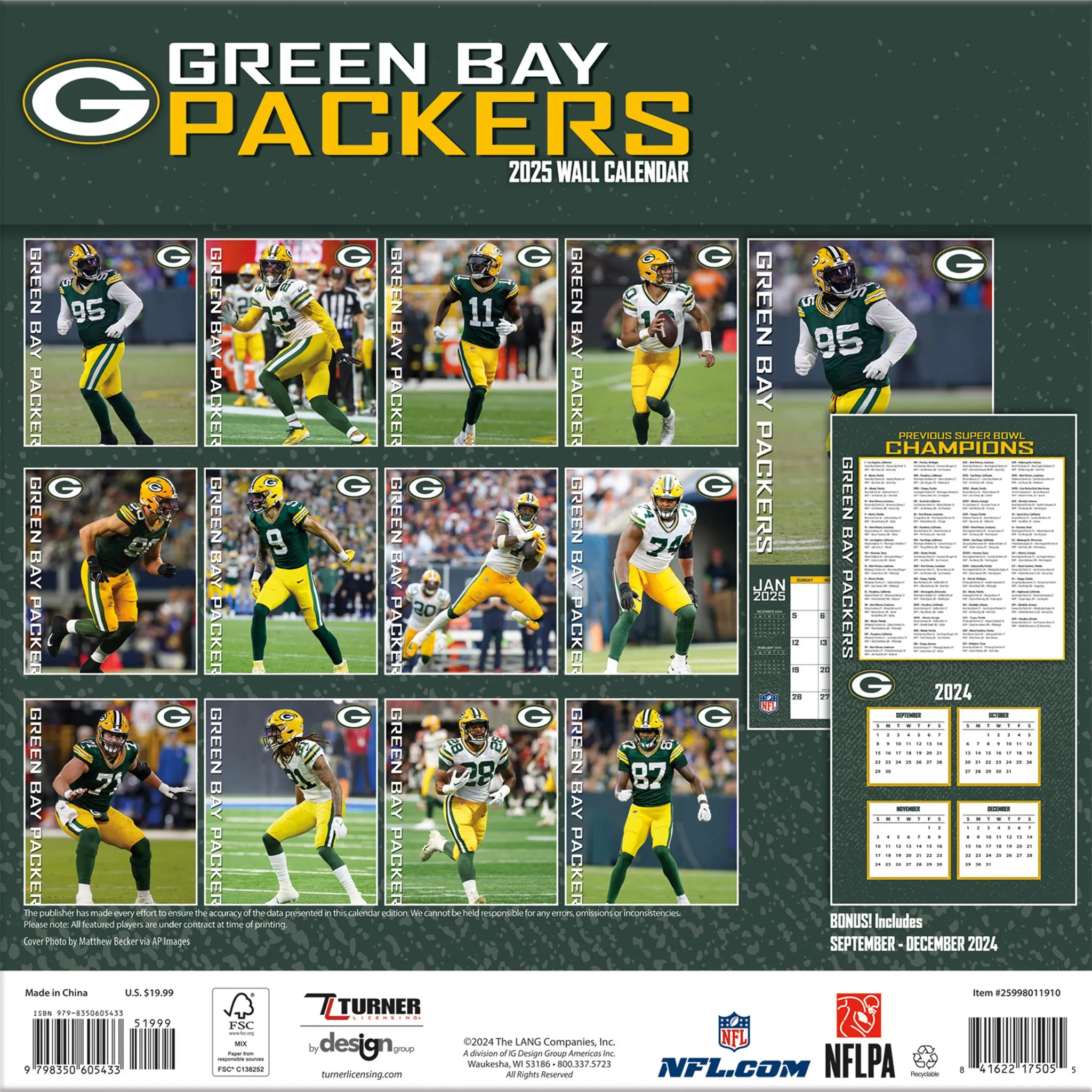 NFL Green Bay Packers Wall 2025 Calendar