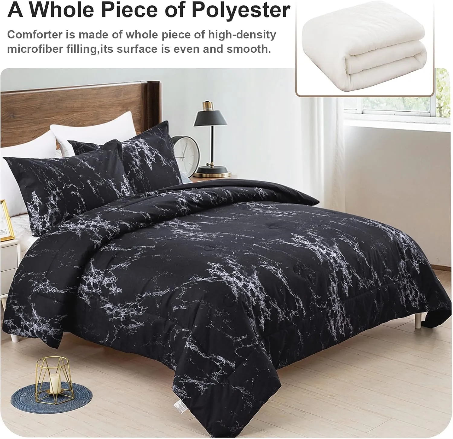 Queen Black Marble Comforter Set, Bedding for All Seasons, 3-Piece Set