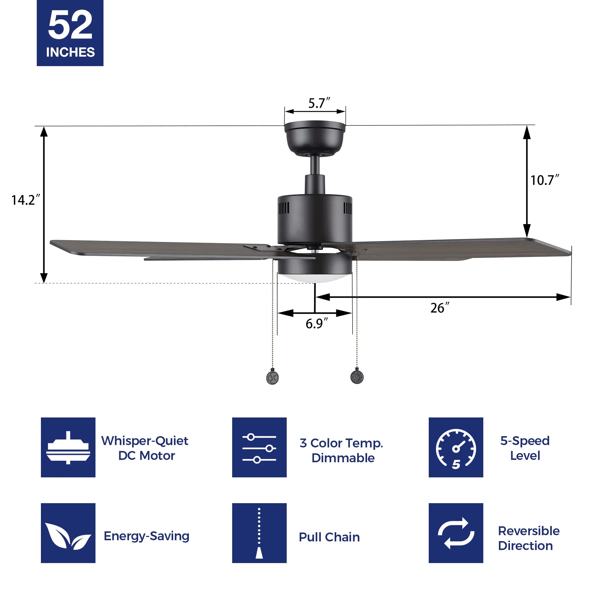 Rowan Modern Black Ceiling Fan with LED Light - Quiet Indoor Fan 52”