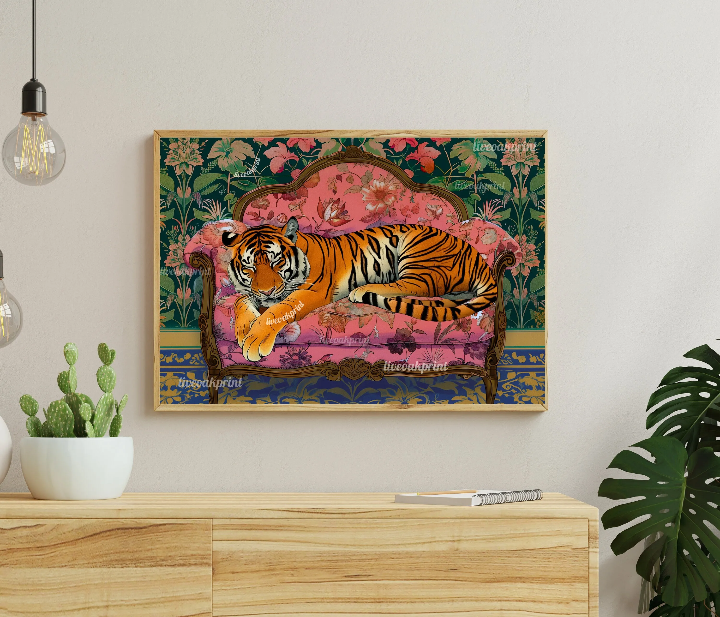 Sleepy Tiger on a Vintage Couch - Tiger Print - Maximalist Wall Art -  Maximalist Tiger Print -  Tiger Wall Art - Maximalist Tiger Art