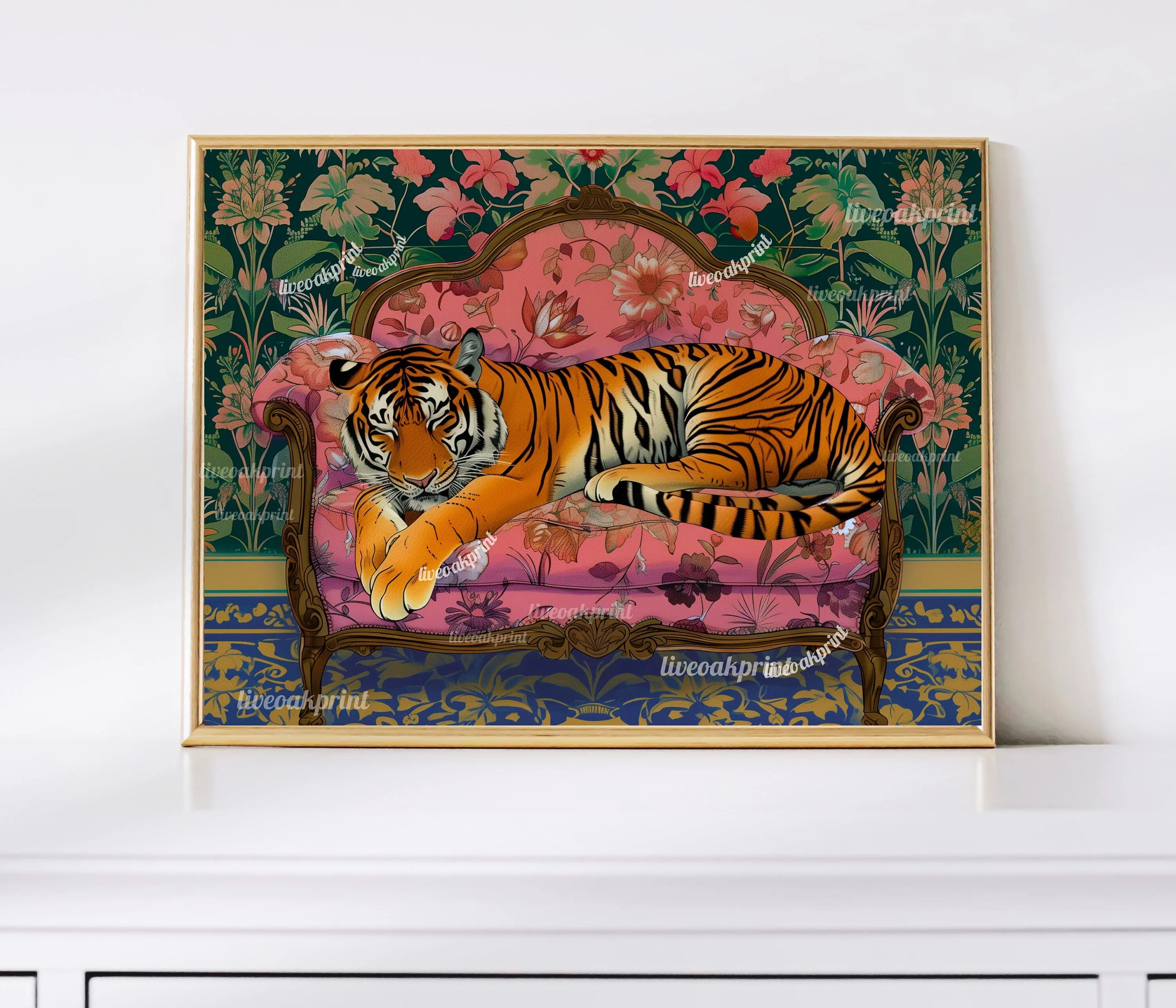 Sleepy Tiger on a Vintage Couch - Tiger Print - Maximalist Wall Art -  Maximalist Tiger Print -  Tiger Wall Art - Maximalist Tiger Art