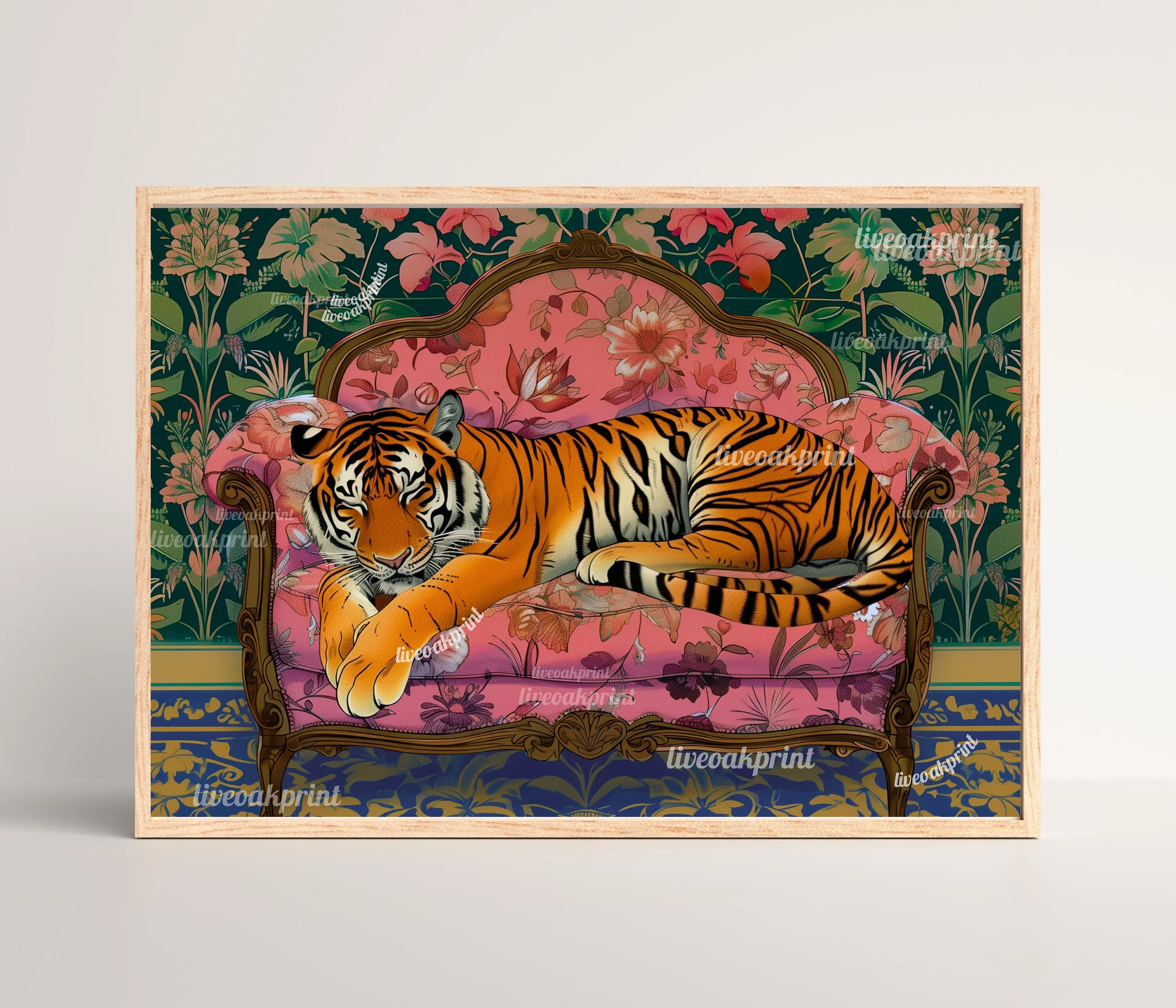 Sleepy Tiger on a Vintage Couch - Tiger Print - Maximalist Wall Art -  Maximalist Tiger Print -  Tiger Wall Art - Maximalist Tiger Art