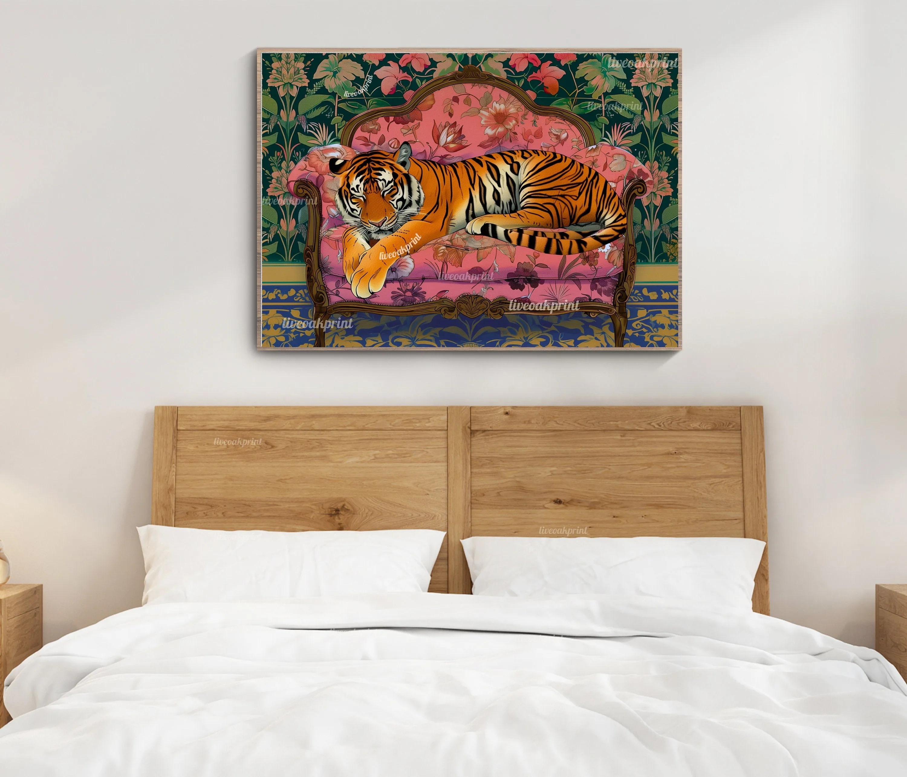 Sleepy Tiger on a Vintage Couch - Tiger Print - Maximalist Wall Art -  Maximalist Tiger Print -  Tiger Wall Art - Maximalist Tiger Art