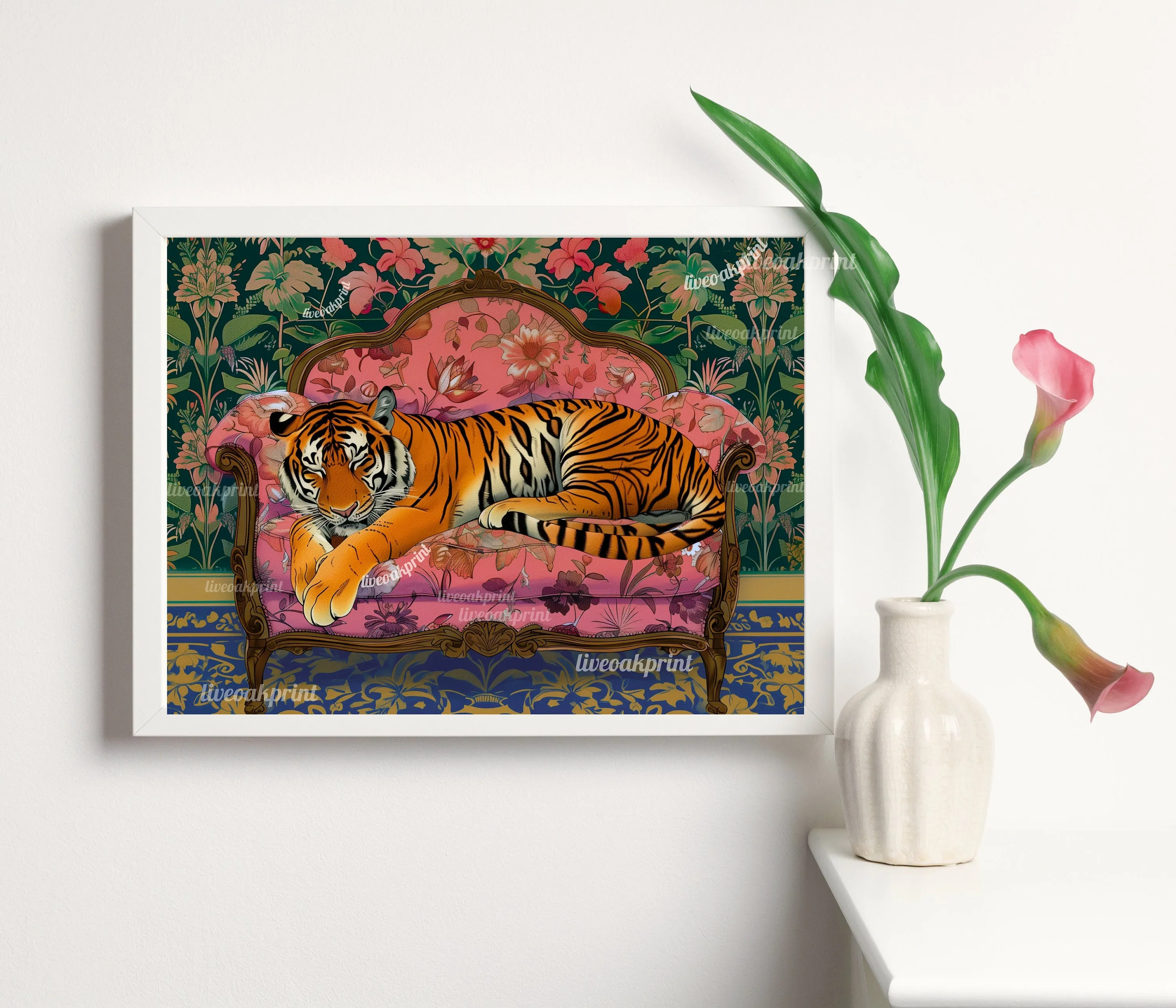 Sleepy Tiger on a Vintage Couch - Tiger Print - Maximalist Wall Art -  Maximalist Tiger Print -  Tiger Wall Art - Maximalist Tiger Art