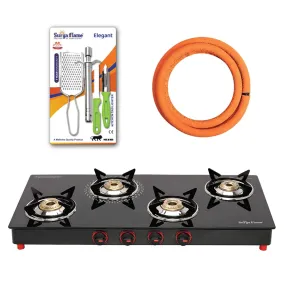 Surya Flame Smart Gas Stove 4 Burners Glass Top LPG Gas Stove | LPG Gas Dual Layer Rubber Hose Pipe 1.5M | Stainless Steel Elegant Gas Stove Lighter With Knife, Peeler Knife and Shredder (Pack of 4)