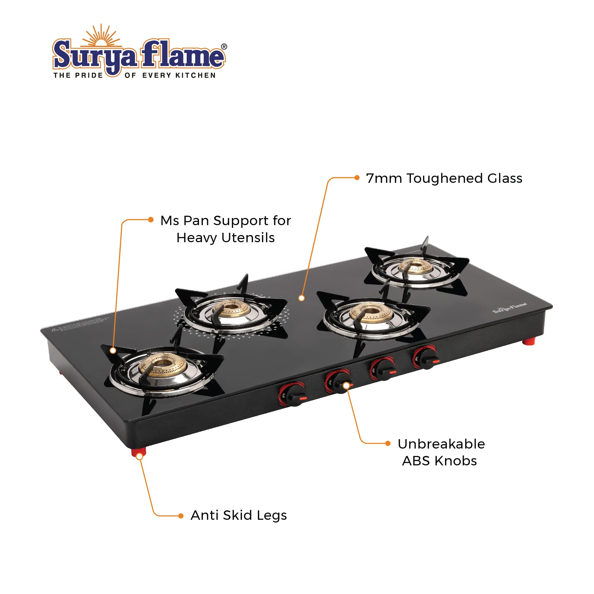 Surya Flame Smart Gas Stove 4 Burners Glass Top LPG Gas Stove | LPG Gas Dual Layer Rubber Hose Pipe 1.5M | Stainless Steel Elegant Gas Stove Lighter With Knife, Peeler Knife and Shredder (Pack of 4)