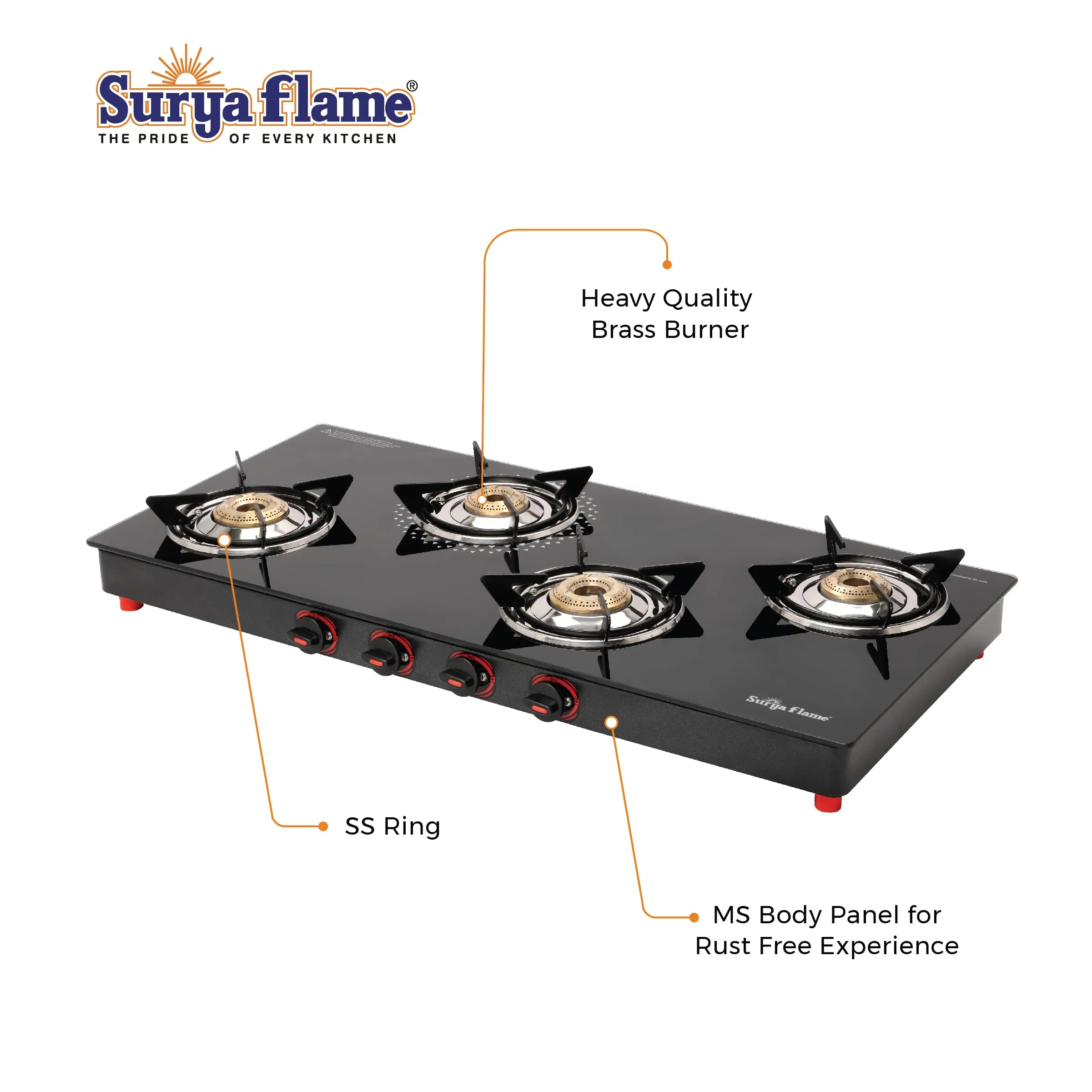 Surya Flame Smart Gas Stove 4 Burners Glass Top LPG Gas Stove | LPG Gas Dual Layer Rubber Hose Pipe 1.5M | Stainless Steel Elegant Gas Stove Lighter With Knife, Peeler Knife and Shredder (Pack of 4)