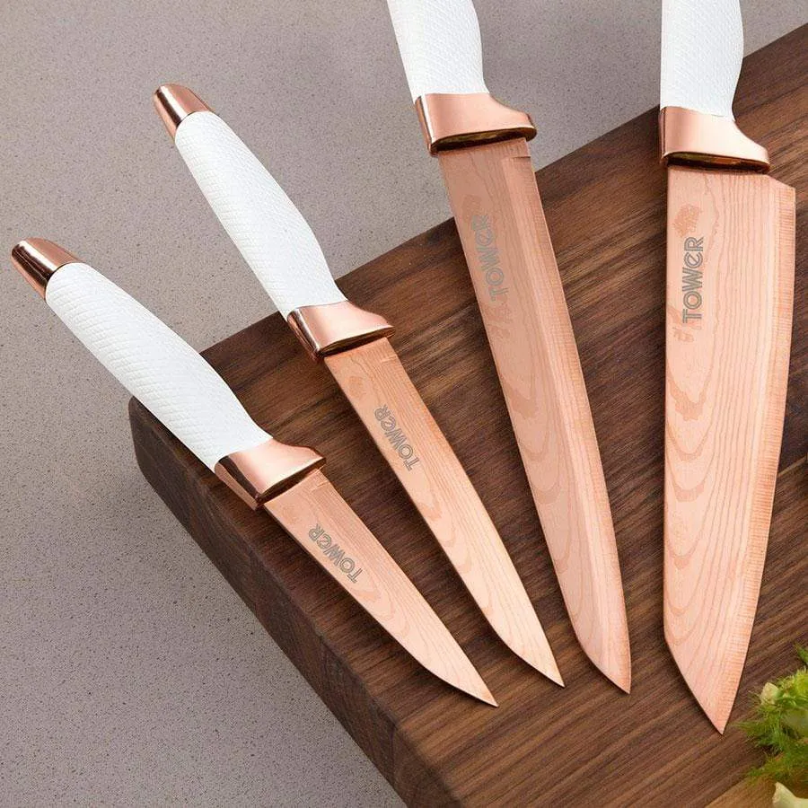 Tower Rose Gold And White 5 Piece Knife Block Set