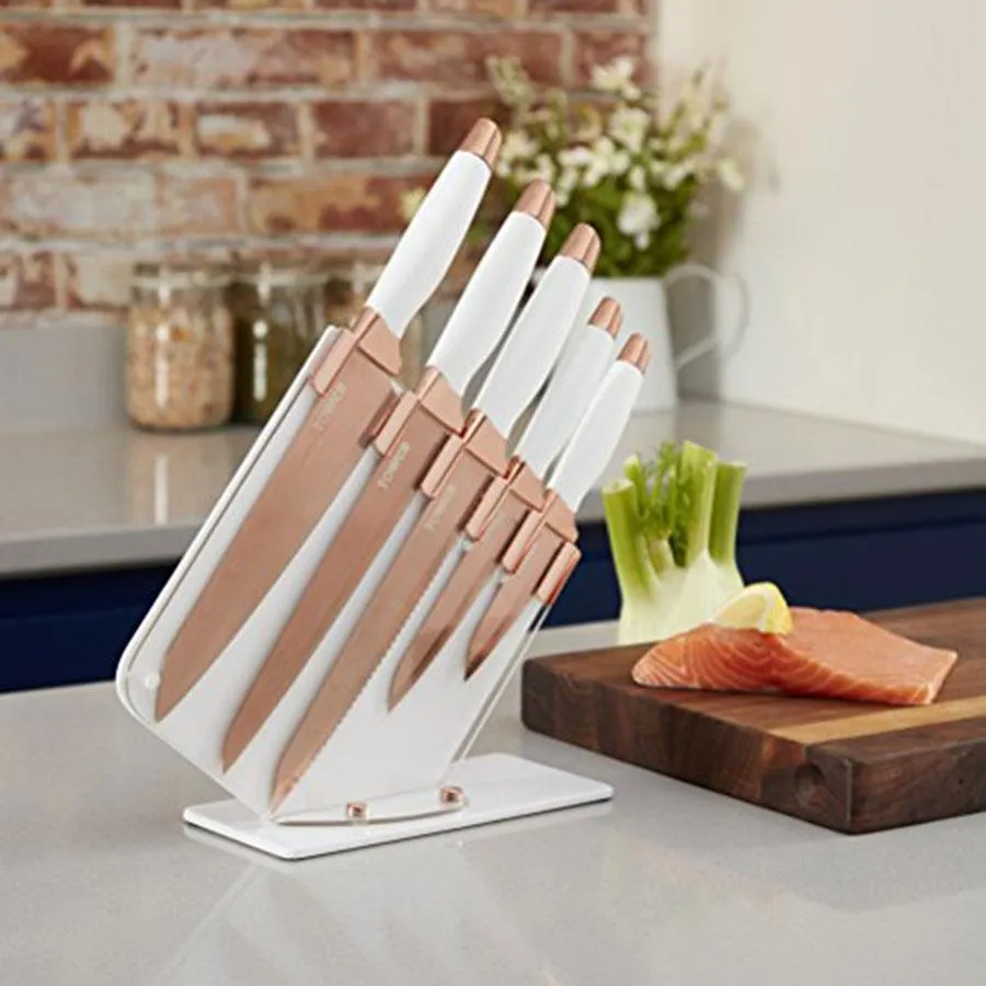 Tower Rose Gold And White 5 Piece Knife Block Set