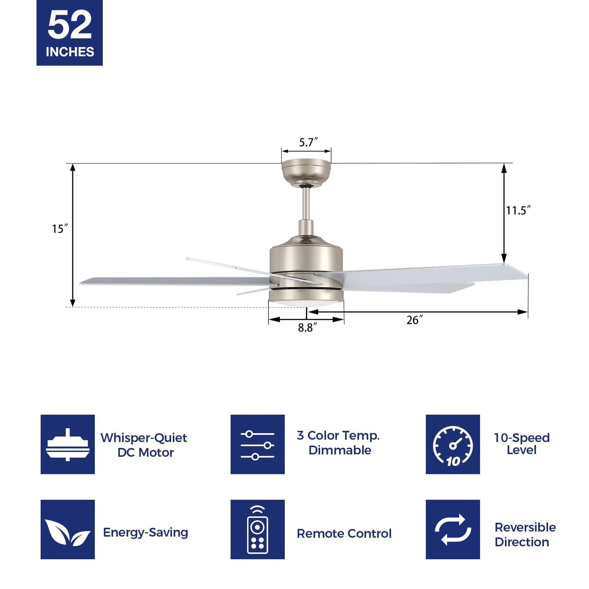 Trafford Modern Ceiling Fan with LED Light and Remote 52 Inch