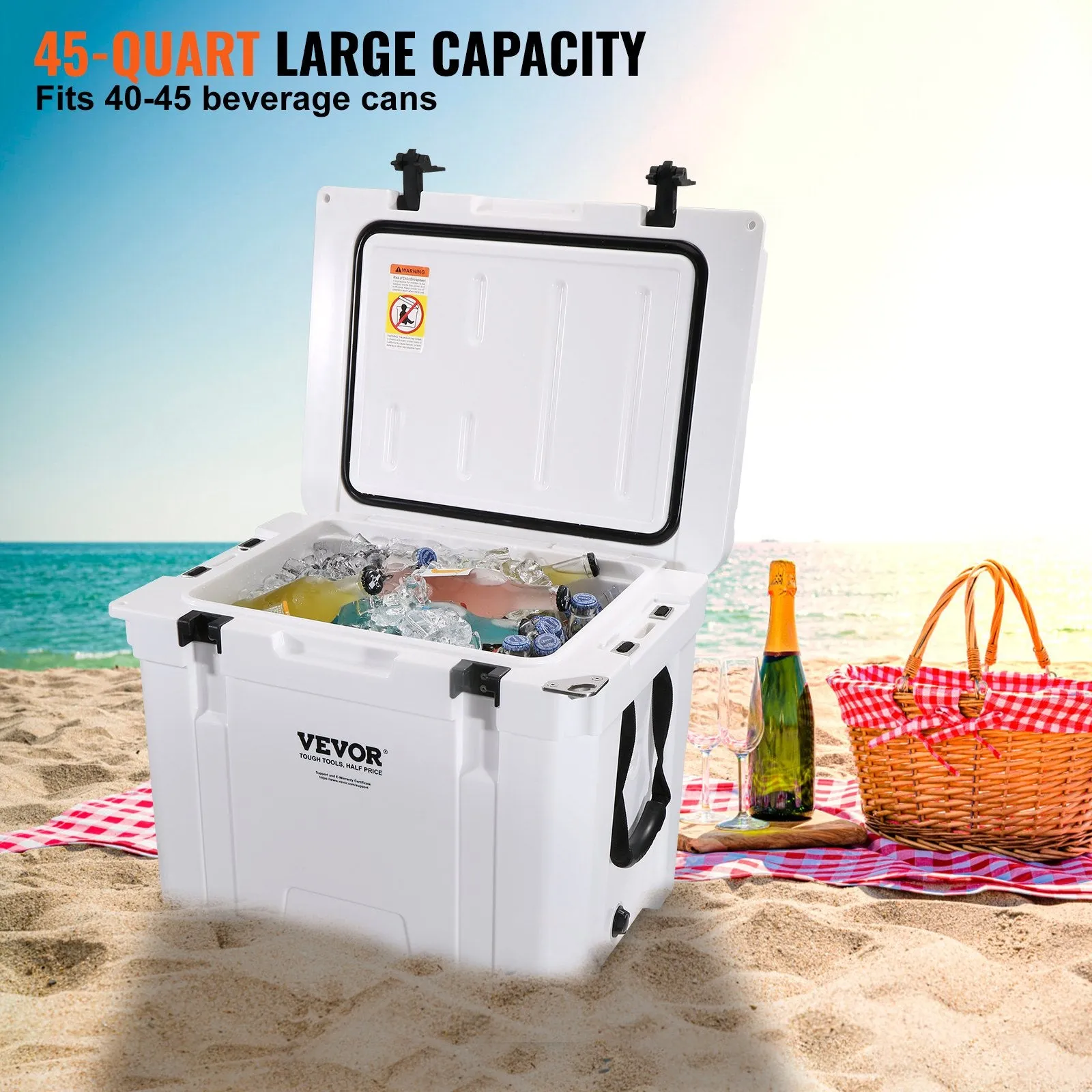 Vevor Insulated Portable Cooler 45 Quart Hard Shell Ice Chest with Handle New