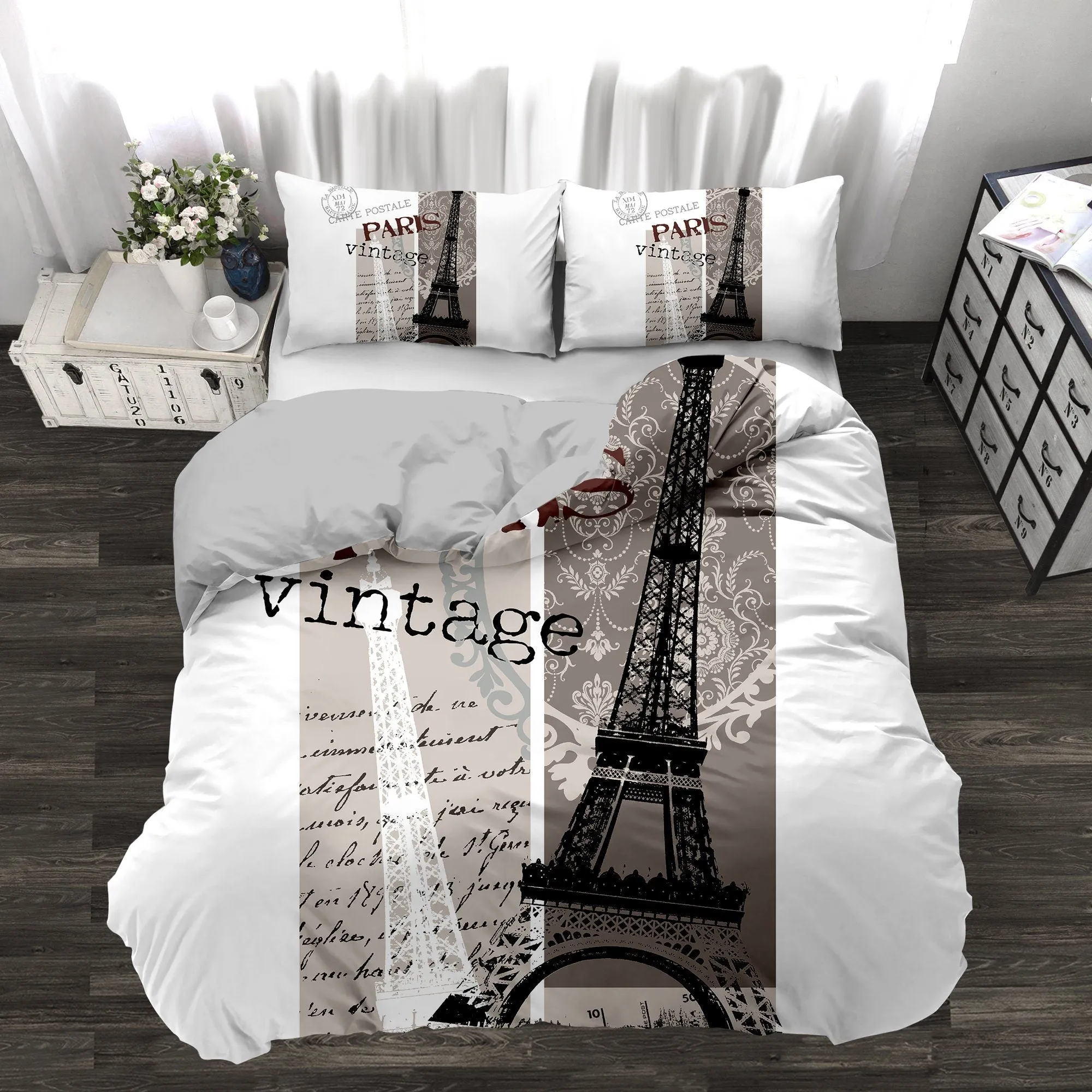 Vintage Paris Novelty Printed 3 Piece Comforter Set