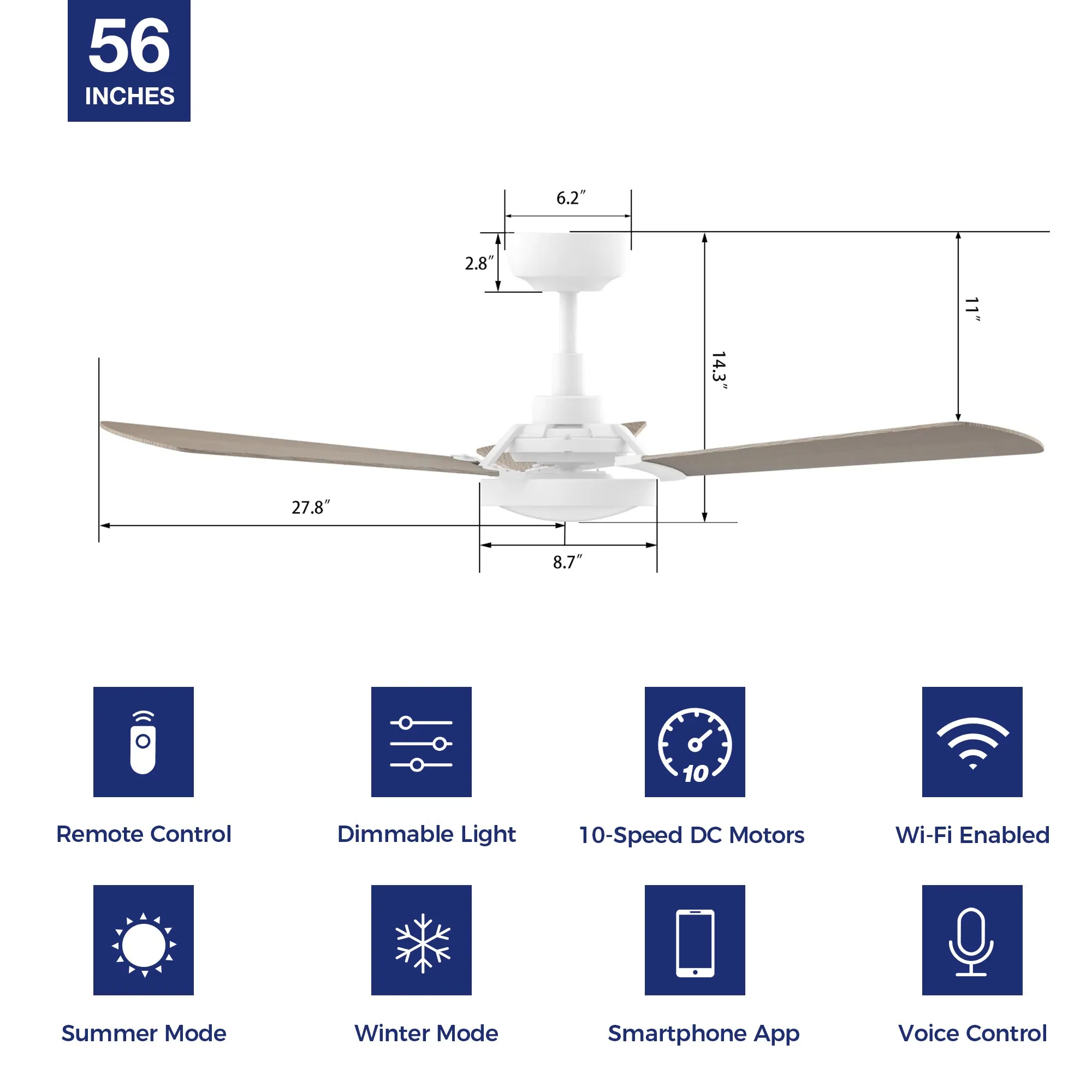 Viter Outdoor Smart Ceiling Fan with Dimmable LED Light and Remote 56"