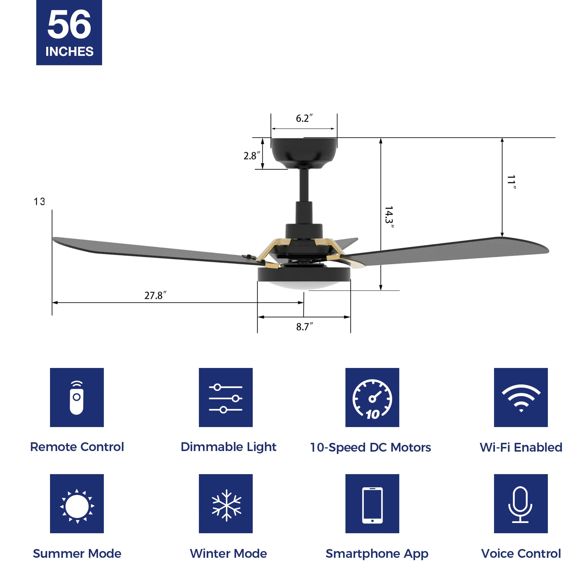 Viter Outdoor Smart Ceiling Fan with Dimmable LED Light and Remote 56"