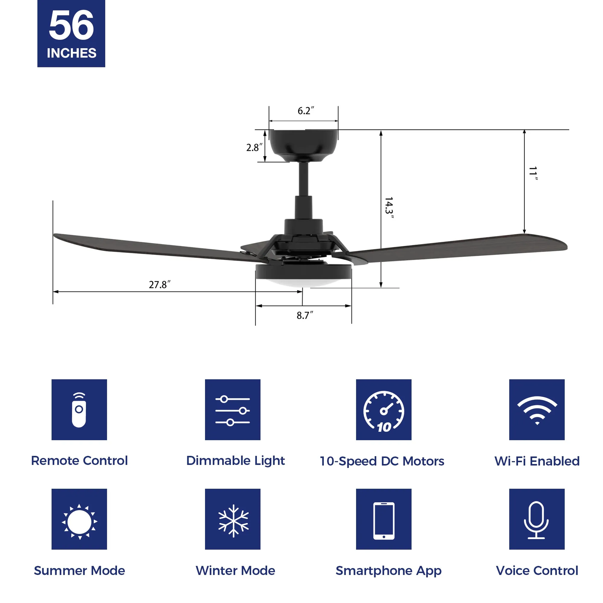 Viter Outdoor Smart Ceiling Fan with Dimmable LED Light and Remote 56"