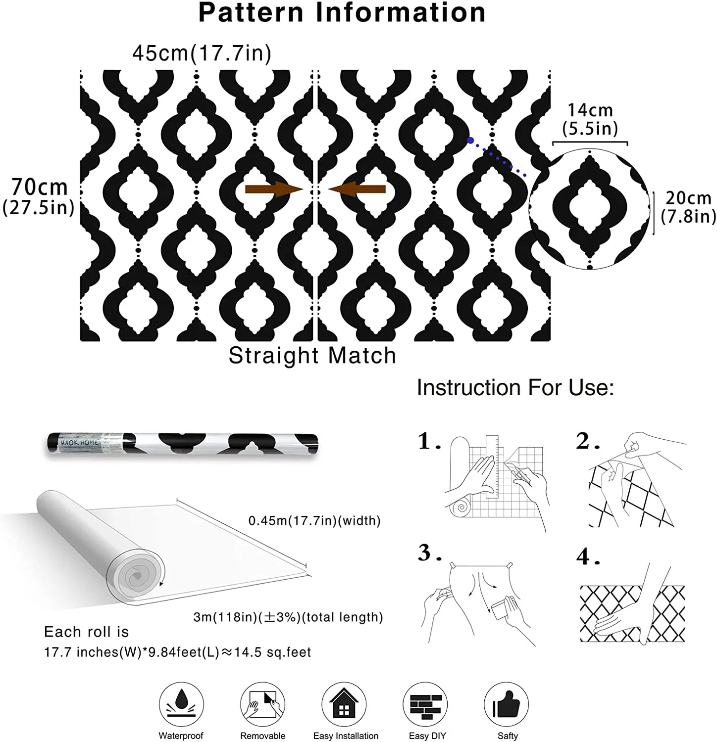 Wallpaper Removable Black/White Trellis Mura 17.7in x 9.8ft